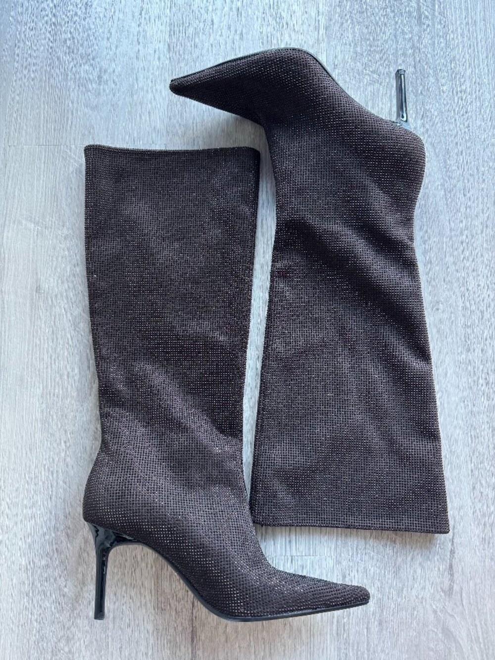 ZARA Rhinestone Embellished Knee-High Heeled Boots - Chocolate Brown / Size 7.5
